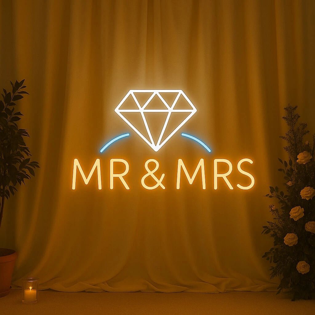 “Mr & Mrs” Neon Sign with Diamond Icon – Wedding & Reception LED Backdrop - Image 2