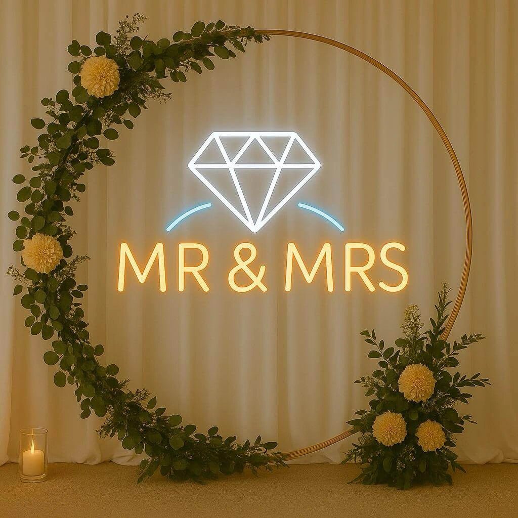 “Mr & Mrs” Neon Sign with Diamond Icon – Wedding & Reception LED Backdrop - Image 3