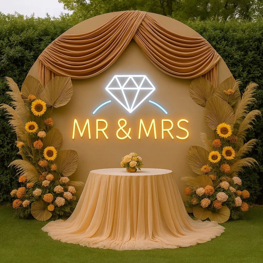 “Mr & Mrs” Neon Sign with Diamond Icon – Wedding & Reception LED Backdrop - Image 4